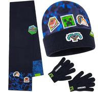 Minecraft Wintermütze Jungen 6-14 Jahre, Gefütterter Bucket Hat oder Beanie & Handschuhe, Gaming Geschenke für Kinder (6-14 Jahre, Blaue Mütze, Schal & Handschuhe)