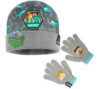 Minecraft Wintermütze Jungen, gefütterter Bucket Hat oder Beanie & Handschuhe, Geschenke für Gamer (6-14 Jahre, Graue Mütze & Handschuhe)