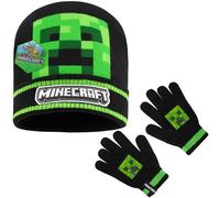 Minecraft Wintermütze Jungen, gefütterter Bucket Hat oder Beanie & Handschuhe, Geschenke für Gamer (6-14 Jahre, Schwarze Mütze & Handschuhe)