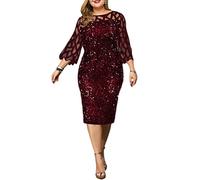 Minetom Abendkleid Damen Große Größen Pailletten Glitzer Elegant Kleid 3/4 Ärmel Knielang Festlich Hochzeit Kleider A Weinrot XL