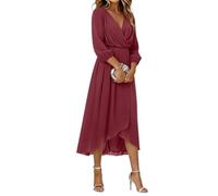 Minetom Abendkleider Damen Elegant Chiffon V-Ausschnitt 3/4 Ärmel Für Hochzeit A-Line Cocktailkleid High Low Festliche Midi Kleider Brautjungfernkleid A Rot S