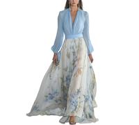 Minetom Abendkleider Damen Lang Chiffon V Ausschnitt Cocktailkleid Elegant Blumenmuster Hohe Taille Maxi Kleider Mit Gürtel Freizeitkleid Sommerkleid A Blau S