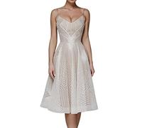 Minetom Abendkleider Damen V-Ausschnitt Neckholder Backless Blickwinkel Kleider A-Linie Spaghetti Knielang Abschlusskleid Dress Hochzeit Abendparty Prinzessin Brautjungfer Kleid A Beige M