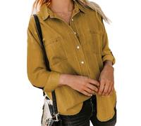 Minetom Bluse Damen Jeanshemd V-Ausschnitt Western Denim Hemd Langarm Business Oberteile Mit Knöpfen Tops Langarmshirt Mit Tasche A Gelb M