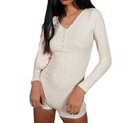 Minetom Bodysuit Damen Langarm Jumpsuit mit Blumendruck Y2k Langärmeliger Einteiler Bodysuit V-Ausschnitt Bodycon Shorts Dehnbarer Pyjama Onesie Strampler 90er E-Girl Y2K Style A Weiß XL