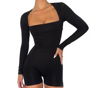 Minetom Bodysuit Damen Langarm Jumpsuit mit Blumendruck Y2k Langärmeliger Einteiler Bodysuit V-Ausschnitt Bodycon Shorts Dehnbarer Pyjama Onesie Strampler 90er E-Girl Y2K Style D Schwarz S z