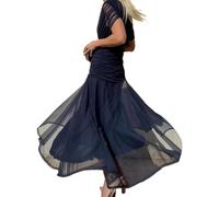 Minetom Cocktailkleid Damen Elegant Rockabilly Abendkleid Partykleid V-Ausschnitt A-Linie Swing Festlich Langes Kleid A Dunkelblau S