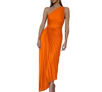 Minetom Cocktailkleider Damen Elegant Eine Schulter Ärmellos Plissee Wickelkleid Festliches Kleid Lang Abend Party Ballkleid Brautjungfer Maxikleid Orange S