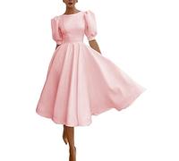 Minetom Damen A-Linie Elegant Festlich Abendkleid Rockabilly Party Cocktailkleid Vintage Hochzeit Kurzarm Midi Kleid Swing Kleider A Rosa XL