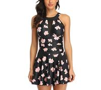 Minetom Damen Badekleid Neckholder Badeanzug Einteiler Strandmode mit Bottom Blumendruck Mesh Tankini Bademode Push-up Gepolstert A Schwarz S