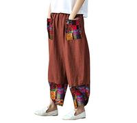 Minetom Damen Beiläufige Leinen Weite Beinhose Lose Patchwork Haremshose Baggy Lange Hose Gummizug Lässig Locker Leinenhose Freizeithose Hosenrock Z Orange L