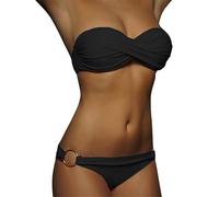 Minetom Damen Bikini Set Schwimmanzug Zweiteiliger Push Up Badeanzug Oberteil mit Bikinihose Bandeau Trägerlos Bademode Swimsuit A Schwarz M