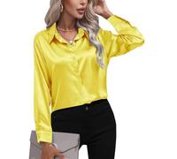 Minetom Damen Bluse Satin V-Ausschnitt Hemden Elegant Langarm Business Oberteile mit Knöpfen Tunika Tops Langarmshirt Hemdbluse Büro Arbeit Shirts A Gelb XL