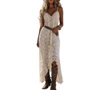 Minetom Damen Boho Sommerkleid V-Ausschnitt Spitze Strandkleid Mit Quasten Party Beach Maxi Dress Cowgirl Kleid Freizeitkleider A Aprikose S