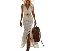 Minetom Damen Boho Sommerkleid V-Ausschnitt Spitze Strandkleid Mit Quasten Party Beach Maxi Dress Cowgirl Kleid Freizeitkleider K Weiß L