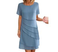 Minetom Damen Chiffon Cocktailkleid Elegant Hochzeitsgast Kleid Kurze Ärmel Rundhals Brautmutterkleider Mit Tüll Rüschen Sommerkleid B Blau 3XL