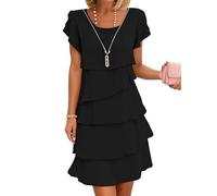 Minetom Damen Chiffon Cocktailkleid Elegant Hochzeitsgast Kleid Kurze Ärmel Rundhals Brautmutterkleider Mit Tüll Rüschen Sommerkleid A Schwarz 3XL