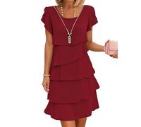 Minetom Damen Chiffon Cocktailkleid Elegant Hochzeitsgast Kleid Kurze Ärmel Rundhals Brautmutterkleider Mit Tüll Rüschen Sommerkleid A Weinrot L