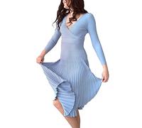Minetom Damen Cocktail Festlich Hochzeit Party Kleid Langarm V-Ausschnitt Herbst Winter Pullover Strickkleid Sweatkleid Elegant Midi Plissee Abendkleid Z2 Blau 38