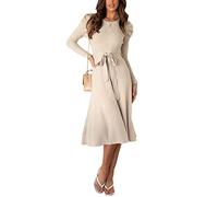 Minetom Damen Cocktail Festlich Hochzeit Party Kleid Langarm Winter Pullover Strickkleid Sweatkleid Elegant Midi Plissee Abendkleid mit Gürtel Z1 Aprikose 38