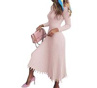 Minetom Damen Cocktail Festlich Hochzeit Party Kleid Langarm Winter Pullover Strickkleid Sweatkleid Elegant Midi Plissee Abendkleid Beige 38