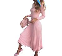 Minetom Damen Cocktail Festlich Hochzeit Party Kleid Langarm Winter Pullover Strickkleid Sweatkleid Elegant Midi Plissee Abendkleid Rosa 34