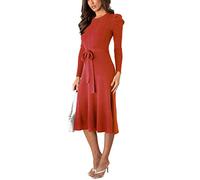 Minetom Damen Cocktail Festlich Hochzeit Party Kleid Langarm Winter Pullover Strickkleid Sweatkleid Elegant Midi Plissee Abendkleid mit Gürtel Z1 Rot 34
