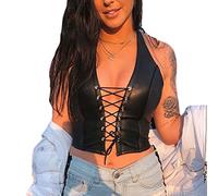 Minetom Damen Crop Top Ärmellos V-Ausschnitt T-Shirt Sexy Tank Top PU Leder Slim Fit Weste Bluse Oberteil Party Clubwear Tops G Schwarz L