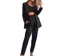 Minetom Damen Dreiteiliger Anzug Set Revers Business Büro Formal Blazer Langarm Anzugjacke Hosenanzug Slim Fit Jacke Hose Crop Top 3 Stück Schwarz XL