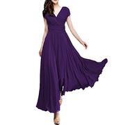 Minetom Damen Elegant Chiffon Maxi Kleid Hohe Taille Langes Abendkleid Partykleid Hochzeit Brautjungfer Brautkleid Cocktail Festliches Kleid Boho V-Ausschnitt Kurzarm Sommerkleid Violett 36