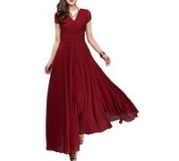 Minetom Damen Elegant Chiffon Maxi Kleid Hohe Taille Langes Abendkleid Partykleid Hochzeit Brautjungfer Brautkleid Cocktail Festliches Kleid Boho V-Ausschnitt Kurzarm Sommerkleid Rot 36