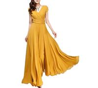 Minetom Damen Elegant Chiffon Maxi Kleid Hohe Taille Langes Abendkleid Partykleid Hochzeit Brautjungfer Brautkleid Cocktail Festliches Kleid Boho V-Ausschnitt Kurzarm Sommerkleid Gelb 36