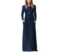 Minetom Damen Elegant Rundhals Lange T-Shirt Maxi Kleid Mit Taschen Herbst Winter Lässig A-Linie Abendkleider Cocktailkleid Ballkleid Dunkelblau DE 40