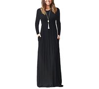 Minetom Damen Elegant Rundhals Lange T-Shirt Maxi Kleid Mit Taschen Herbst Winter Lässig A-Linie Abendkleider Cocktailkleid Ballkleid Schwarz DE 42