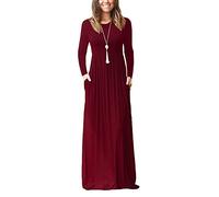 Minetom Damen Elegant Rundhals Lange T-Shirt Maxi Kleid Mit Taschen Herbst Winter Lässig A-Linie Abendkleider Cocktailkleid Ballkleid Weinrot DE 38