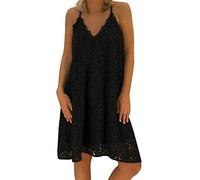 Minetom Damen Elegant Spitzenkleid V-Ausschnitt Ärmellos Spaghetti Kleid Cocktail Strandkleid Sommer Casual Lose Minikleid Schwarz DE 38