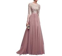 Minetom Damen Frauen Brautjungfernkleid Lang Abendkleider mit Spitze 2/3 Ärmel Brautkleid Partykleider Cocktailkleid Lang Empire Rock aus Chiffon Pink DE 40