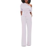 Minetom Damen Frauen Sexy One-Shoulder Feste Overalls Breites Bein Lange Strampler Hose mit Gürtel Elegant Hohe Taille Jumpsuit Rompers Weiß DE 38