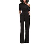 Minetom Damen Frauen Sexy One-Shoulder Feste Overalls Breites Bein Lange Strampler Hose mit Gürtel Elegant Hohe Taille Jumpsuit Rompers Schwarz DE 40