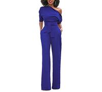 Minetom Damen Frauen Sexy One-Shoulder Feste Overalls Breites Bein Lange Strampler Hose mit Gürtel Elegant Hohe Taille Jumpsuit Rompers Marine DE 38