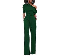 Minetom Damen Frauen Sexy One-Shoulder Feste Overalls Breites Bein Lange Strampler Hose mit Gürtel Elegant Hohe Taille Jumpsuit Rompers Armeegrün DE 40