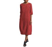 Minetom Damen Freizeit Kleider Leinenkleider 1/2 Ärmel Rundhals Einfarbig Casual Urlaub Sommerkleider Strandkleid Midi Dress Frauen Kostüme Übergröße A Rot DE 46