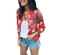 Minetom Damen Frühling Blouson Mode Floral Baseball Mantel Tops Coat Bomberjacke Bikerjacke Reißverschluss Fliegerjacke Kurzjacke 01 Rot DE 36