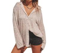 Minetom Damen Glänzend Pailletten Bluse Hemd Langarm V-Ausschnitt Knopfleiste Shirt Hemdbluse Langarmshirt Casual Oberteile Tunika Tops A Aprikose S