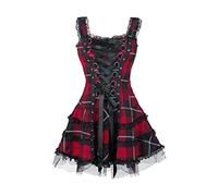 Minetom Damen Gothic Kleid Kariertes Schnüren Minikleid Strap Kleid Street Punk Cosplay Kleid Steampunk Vintage Rockabilly Kleid Rot L