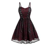 Minetom Damen Gothic Kleid Kariertes Schnüren Minikleid Strap Kleid Street Punk Halloween Cosplay Kleid Steampunk Vintage Rockabilly Kleid D Rot XS