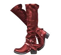 Minetom Damen Hohe Stiefel Winter Schuhe mit Absatz Kunstleder Schnalle Langschaft Overknee Stiefel Kniehohe High Heels Lang Boots Weinrot 39 EU