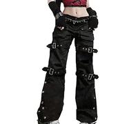 Minetom Damen Hohe Taille Jeanshosen Breites Bein Baggy Jeans Druck Denim Hosen Gothic Dunkel Punk Cargohosen Baggy Streetwear D Schwarz L