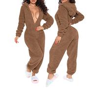 Minetom Damen Jumpsuit Fleece Schlafanzug Einteiler Winter Warm Kuschelig Onesie Lang Schlafoverall Pyjama Arsch Ausschnitt Flauschig Hausanzug Mit Kapuze & Reißverschluss A Braun L
