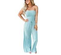 Minetom Damen Jumpsuit Sommer Ärmellos Bandeau Overall Hosenanzug Schulterfrei Playsuit Weites Bein Hose Casual Lang Romper mit Taschen A Blau L
